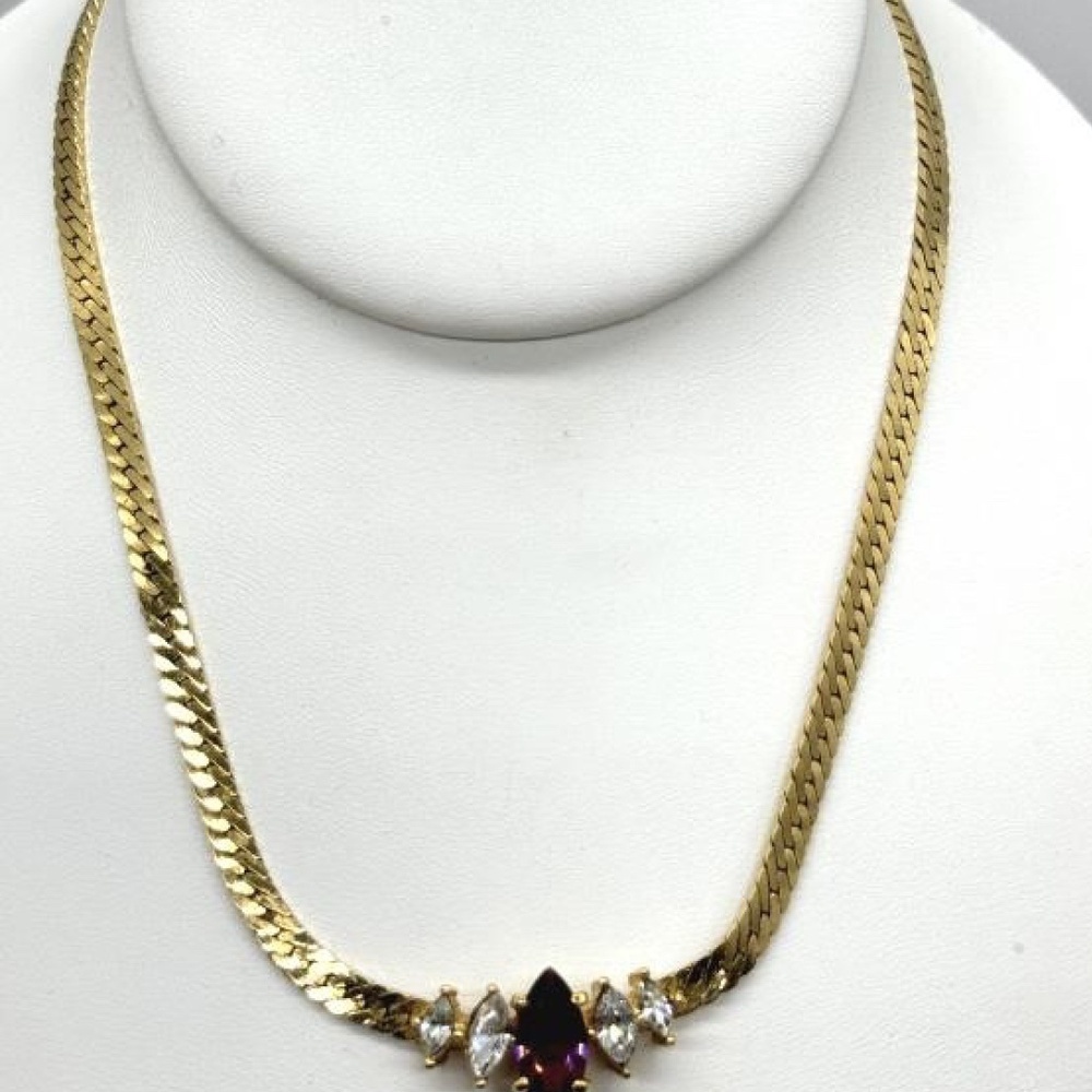 Vintage Christian Dior Purple Rhinestone and Gold Tone Chain Necklace